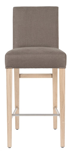 Shoreditch High Back Bar Stool - Heavyweight Linen Spelt- Pale Oak Legs
