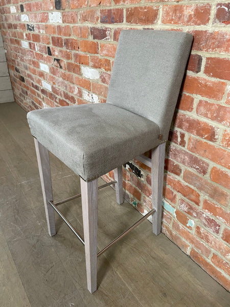 Shoreditch High Back Bar Stool - Heavyweight Linen Spelt - Pale Oak Legs