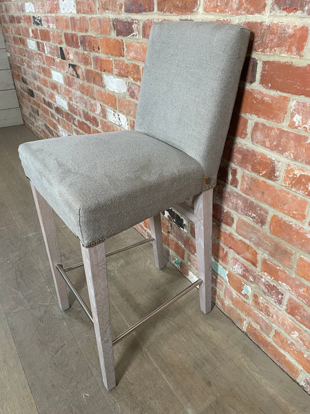 Shoreditch High Back Bar Stool - Heavyweight Linen Spelt - Pale Oak Legs