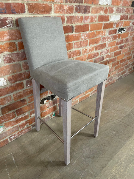 Shoreditch High Back Bar Stool - Heavyweight Linen Spelt - Pale Oak Legs