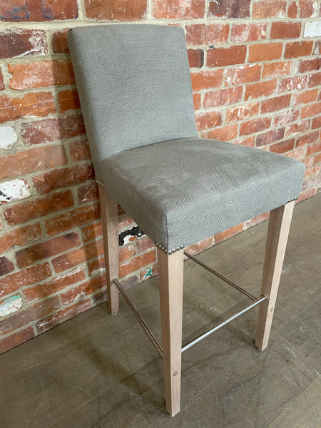 Shoreditch High Back Bar Stool - Heavyweight Linen Spelt- Pale Oak Legs