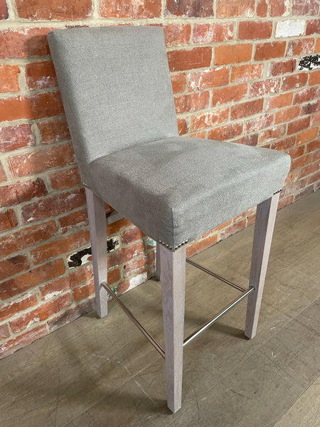 Shoreditch High Back Bar Stool - Heavyweight Linen Spelt - Pale Oak Legs