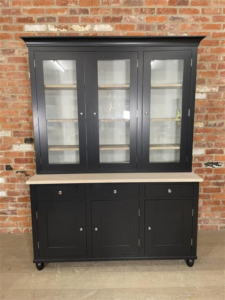 Suffolk 5ft Contemporary Glazed Dresser - Warm Black Exterior & Driftwood Interior- No Lighting