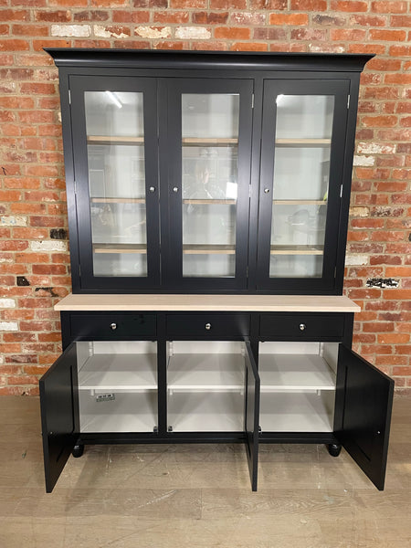 Suffolk 5ft Contemporary Glazed Dresser - Warm Black Exterior & Driftwood Interior- No Lighting