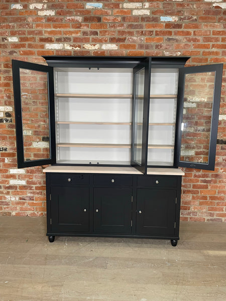 Suffolk 5ft Contemporary Glazed Dresser - Warm Black Exterior & Driftwood Interior- No Lighting