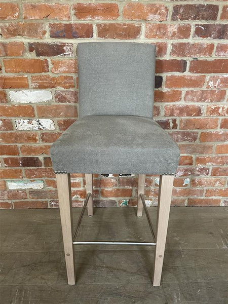 Shoreditch High Back Bar Stool - Heavyweight Linen Spelt- Pale Oak Legs